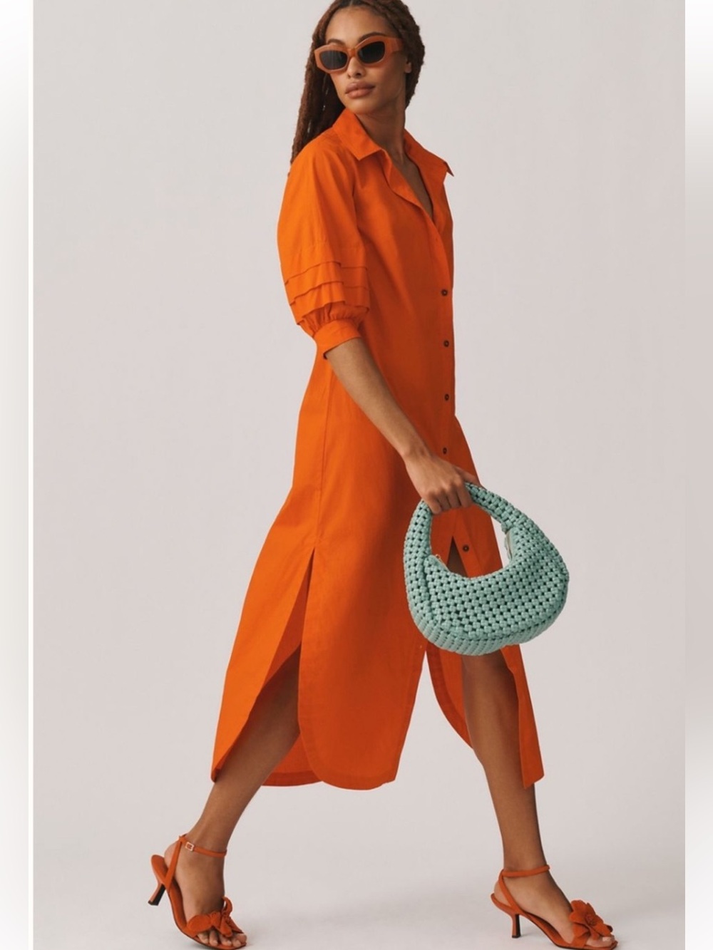 Anthropology MAEVE Orange Button-Front Midi Shirt Dress size Small